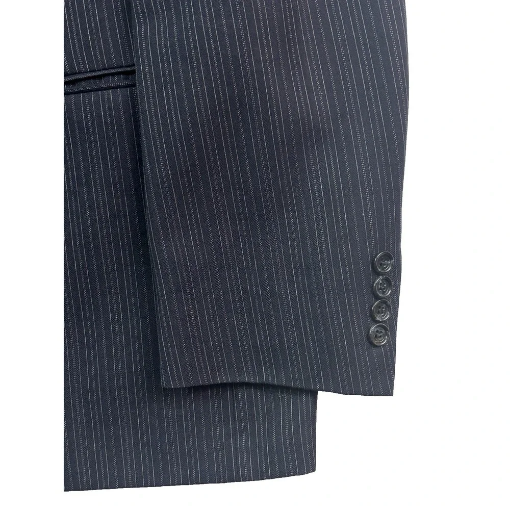 vtg 70s Oleg Cassini‎ 46L 46x34 2pc Pant Suit Double Breasted Navy Blue Stripe